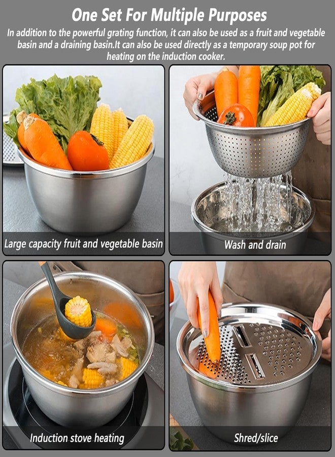 Foliam Multifunctional Stainless Steel Basin 3 in 1 Drain Basket Vegetable Cutter Food Strainers with Vegetables Slicer Tray Fruits Washing Bowl Set Strainer for Home (3 IN1 Bowl 26CM) - Image 3
